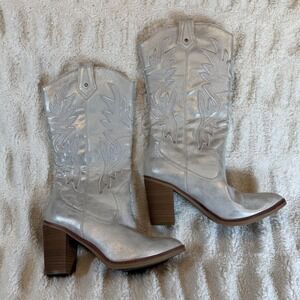 Altar'd State Silver Metallic Western Cowboy Boots Block Heel Pointed Toe 6.5